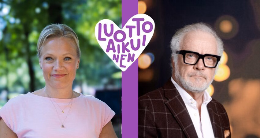 Kuvassa A-klinikkasäätiön Lasinen lapsuus -toiminnan Luottoaikuiset-kampanjan suojelijat Maaret Kallio ja Matti Rönkä omissa potrettikuvissaan. Keskellä valkea sydän, jonka sisällä lukee Luottoaikuinen