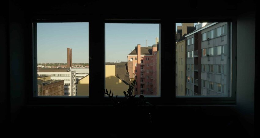 Huonekasvi ja ikkuna, josta avautuu kaupunkinäkymä.